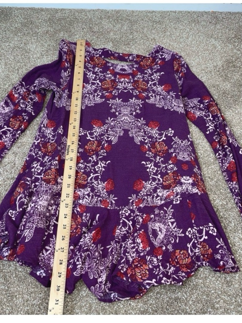 Free People Purple Floral Blouse with Red-Orange Flowers Smooth Talker peplum MD - Picture 6 of 10